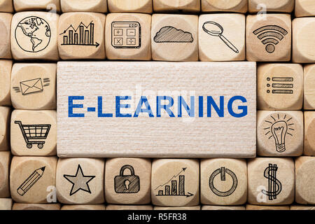 E-Learning Text On Wooden Block Surrounded By Computer Icons Stock Photo