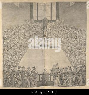The House of Commons. This is the earliest representation of the House of Commons sitting in the former St. Stephenâ€™s Chapel in the Palace of Westminster. Originally published as a print in 1624, it is unlikely to be accurate in all its details, but it gives a reasonable impression of the tall, narrow and cramped chamber in which the House met, and in which the debates leading to the Petition of Right took place. It seems to show an offender kneeling at the bar to receive the censure of the House from the Speaker, who presides in his chair. The clerks write in their draft journals at a table Stock Photo