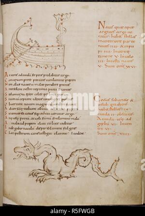 Drawings of the Great Ship Argo (Argo Navis) and the Whale or Sea-Monster (Cetus) with the text of the poem in black, and the writing in red giving the number of stars in each part of the constellations and their total number. The grouping of the stars of Argo sets out the smaller constellations making up the ship. Phaenomena (also known as the Aratea). France, N. (Fleury?); last quarter of the 10th century. Source: Harley 2506, f.42. Language: Latin. Stock Photo