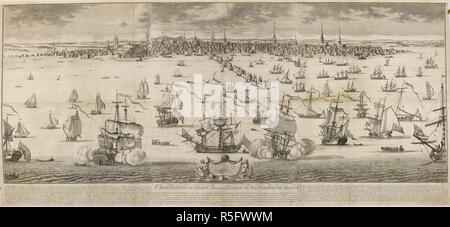 Boston seen from Castle Island, with British ships and boats sailing in the foreground; wharves, harbour, shipyards, churches, houses of distinguished citizens, meeting houses, churches and chapels along the waterfront in the background. A South East View of ye Great Town of BOSTON in New England in America : To the Hon.ble Sam.l Shute Esq.r Cap.t General & Gov.r in Chief of his Maj.ti's Provinces of the Massachusetts Bay & New Hampshire in New England and Vice Admiral of the same... [Boston] : Printed, coulred & sold by Wm. Price Print & Mapseller over against the Town house in Boston where m Stock Photo