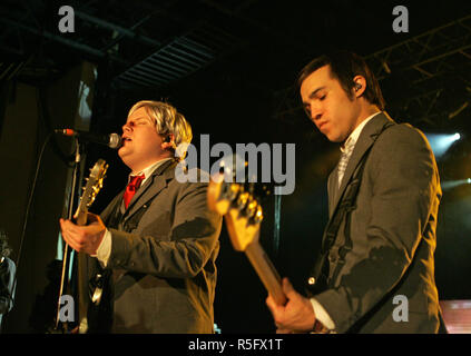 Patrick Stump (L) and Pete Wentz with Fall Out Boy perform in concert at the Pompano Beach Amphitheater in Pompano Beach, Florida on April 21, 2009. Stock Photo