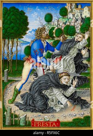 Murder of St. Peter Martyr. Sforza Hours. Milan, circa 1490; Flemish insertions, 1517-1520. Source: Add. 34294, f.205v. Language: Latin. Author: Birago, Giovan Pietro. Stock Photo