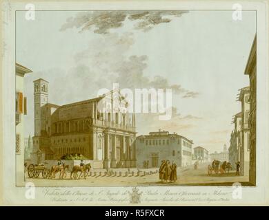 A view of the Church of Sant'Angelo in Milan from Via della Moscova, with three monks, a carriage and two soldiers on horseback pulling a cart loaded with cannons in the foreground. A tower, the south side and main faÃ§ade of the church behind and a convent attached to the church in the background. Veduta della Chiesa di S. Angelo de Padri Minori Osservanti in Milano : Dedicata a S.A.I. la Serma Principessa Augusta Amalia di Baviera Vice Regina d'Italia. [Milan] : [publisher not identified], [1808]. Source: Maps K.Top.77.39.b.1. Language: Italian. Stock Photo