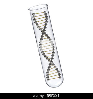 Golden DNA molecule in test tube isolated on white background. Science and medical concept illustration. 3D Rendering Stock Photo