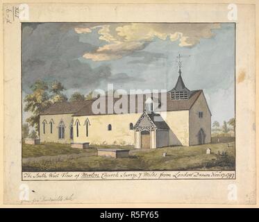 St. Mary's Church in Merton Park; the graveyard in the foreground; trees behind. The South West View of Merton Church Surry. : 7 miles from London. Drawn Novr 17: 1797. Source: Maps K.Top.41.6.d. Language: English. Stock Photo