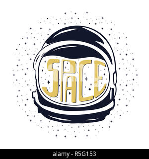 Vintage hand drawn astronaut helmet to space travel with custom texts - space and stars. Stock emblem isolated on white background. Good for T-Shirts, mugs Stock Photo