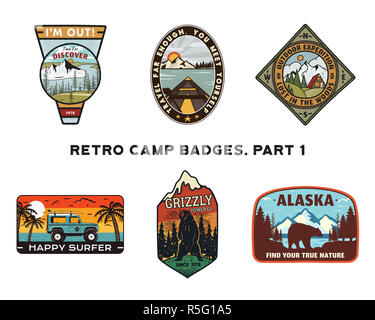 Set of retro Wanderlust Logos Emblems. Vintage hand drawn travel badges. Different camp, forest activities scenes . Included custom adventure quotes. Stock hike insignias isolated on white Stock Photo