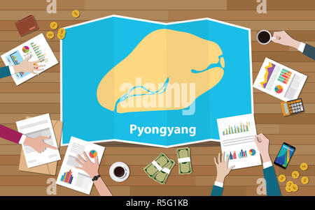 pyongyang north korea capital city region economy growth with team discuss on fold maps view from top vector illustration Stock Photo
