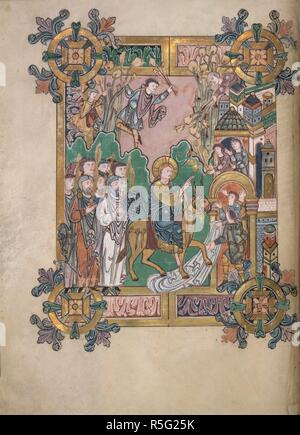 The Entry into Jerusalem. Benedictional of St. Aethelwold. Winchester; 971-984. [Whole folio] Preface to the blessing for Palm Sunday. Christ is astride a donkey, and followed by a group of people with golden palm branches. Two youths at the city gate spread mantles under the donkey's feet, and above them other figures lean out from the city walls or are up a tree throwing flowers. The scene is surrounded by frame of 'Winchester' acanthus, with round bosses at each corner  Image taken from Benedictional of St. Aethelwold.  Originally published/produced in Winchester; 971-984. . Source: Add. 49 Stock Photo