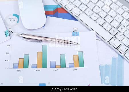 Financial chart paper, pen, keyboard and mouse. Stock Photo