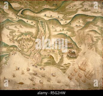 Drake's attack on St Jago. after 1585. [Whole map] View of the attack by Sir Francis Drake commanding the 'Elizabeth Bonaventure' on the Island of St Jago, in the Cape Verde Islands, 17 November 1585  Originally published/produced in after 1585. . Source: Egerton 2579,. Stock Photo