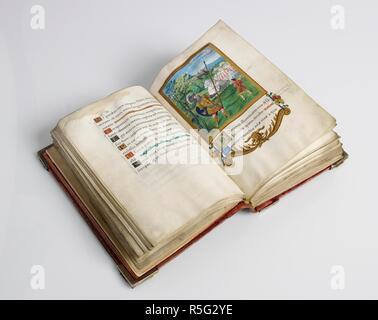 An open missal written in Latin rests on a wooden lectern decorated ...