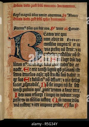 Initial: capital 'B' from the Mainz Psalter. Mainz Psalter. Printed by Fust and Scoeffer, 1457. Source: G.12216. Stock Photo