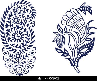 Set of 2 wood block printed paisley floral elements. Traditional oriental ethnic motifs of India, monochrome. For your design. Stock Vector