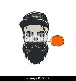 Grunge hipster skull emblem with quote bubble, cap and beard. Stylish vintage hand drawn design. Stock illustration isolated on white background. Stock Photo