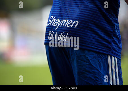 General view of a FC Halifax Town players shirt during the Emirates FA Cup, Second Round match at The Shay, Halifax. PRESS ASSOCIATION Photo. Picture date: Saturday December 1, 2018. See PA story SOCCER Halifax. Photo credit should read: Ian Hodgson/PA Wire. RESTRICTIONS: EDITORIAL USE ONLY No use with unauthorised audio, video, data, fixture lists, club/league logos or 'live' services. Online in-match use limited to 120 images, no video emulation. No use in betting, games or single club/league/player publications. Stock Photo