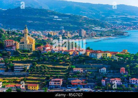 Panoramic view of Bussana and Arma di Taggia on the Italian Riviera in the province of Imperia, Liguria, Italy Stock Photo