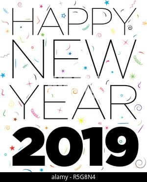 Black Happy New Year 2019 text with confetti elements on white background. Vector typographic design. Stock Vector