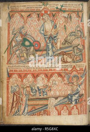 The Resurrection: Christ rises from the tomb, terrifying the guards; the women and the angel at the empty tomb. Bible (the 'Holkham Bible Picture Book'). c.1327-1335. Source: Add. 47682, f.34v. Stock Photo