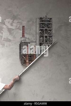 Concept,Worker plastering at wall become of factory Stock Photo