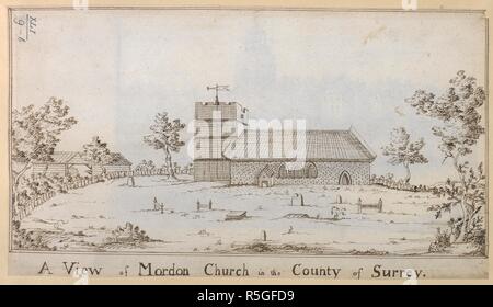 St. Lawrence Church, Morden ; the churchyard in front; trees on either side; a building to the left; a fence running across the view. A View in Mordon Church in the County of Surrey. between 1780-1790. Source: Maps K.Top.41.9.b. Language: English. Stock Photo