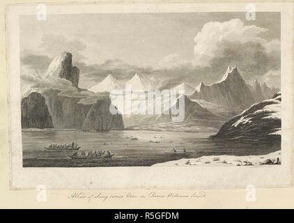 View of Snug Corner Cove in Prince William's Sound. Drawn by John Webber and engraved by William Ellis. The Resolution and Discovery shown in the Sound, with towering ice-covered cliffs on either side. Two large canoes crowded with natives are approaching the two ships from the left. At right a kayak holding two, and in the distance, closer to the ships, others, with single oarsmen. . A collection of drawings by A. Buchan, S. Parkinson, and J. F. Miller, made in the Countries visited by Captain James Cook in his First Voyage [1768-1771], also of prints published in John Hawksworth's Voyages of Stock Photo