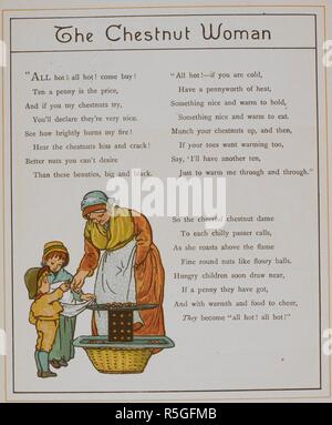 The chestnut woman. A woman selling chestnuts to two children.   Illustration from 'London town'. London town. Marcus Ward & Co.: London, 1883. Image taken from : London Town. Verses by Felix Leigh. Source: 12805.s.9, page 46. Author: Crane, Thomas. Stock Photo