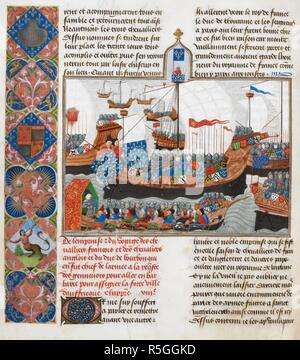 Expedition of the English and the French to Barbary. Border containing emblems. An initial. . Chroniques, Vol. IV, part 1 (the 'Harley Froissart'). (Froissart's Chronicles). Netherlands, S. (Bruges), between c. 1470 and 1472. Source: Harley 4379 f.60v. Language: French. Author: FROISSART, JEAN. Stock Photo