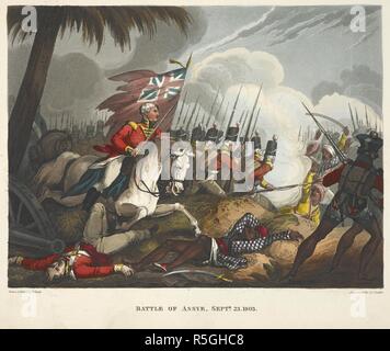 Battle of Assye, September 23, 1803. The Battle of Assaye was a major battle of the Second Anglo-Maratha War fought between the Maratha Confederacy and the British East India Company. The Wars of Wellington, a narrative poem. ... With ... engravings coloured ... By Dr. S. London, 1819. Source: 838.m.7 plate 3 page 20. Author: HEATH, WILLIAM. Stadler, J. C. Stock Photo