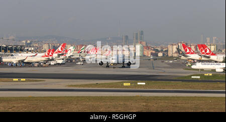ISTANBUL, TURKEY - AUGUST 05, 2018: Aircrafts in aprone of Istanbul Ataturk Airport. Stock Photo