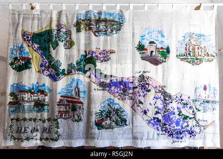 Ars-en-Re, France. Map of the Ile de Re island in white cloth embroidery inside the Eglise Saint Etienne (Church of Saint Stephen) Stock Photo
