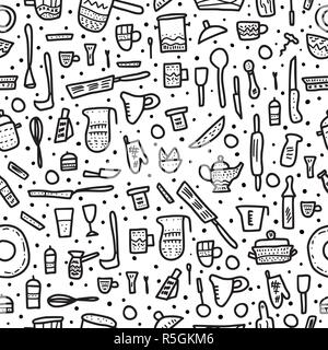 Seamless pattern of  kitchen equipments in doodle style. Vector endless background of  sketch dishes and cooking tools objects. Stock Vector