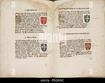 A double page of text with coats of arms. Begin. [fol. 2 recto:] In so moch that gentill men and honest persones haue greete delite in haukyng and desire to haue the maner to take haukys ... [fol. 40 recto: Explicit Dam Iulyans Barnes in her boke of huntyng.] [fol. 45 recto:] Here in thys booke folowyng is determyned the lynage of Coote armuris ... St. Albans : [Schoolmaster Printer, not before 1486]. Source: IB.55712, sig. [c3]v-[c4]. Language: English. Stock Photo