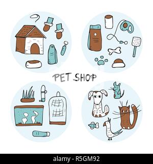 Set of round badges of pet shop elements. Collection of vector domestics animal care symbols in doodle style. Stock Vector