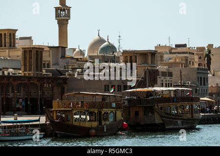 Vintage traditional wooden barges moored in Dubai Creek, United Arab Emirates Stock Photo