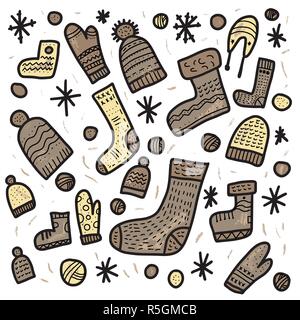 Knitted clothes collection. Warm socks, gloves, beanies set. Square conceptual vector illustration for poster. Stock Vector