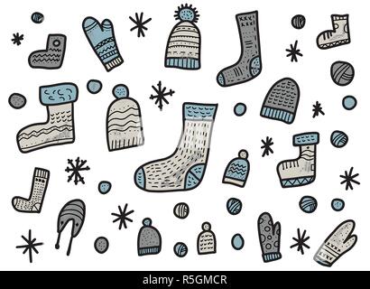 Warm socks, beanies, gloves set. Vector illustration of winter knitted clothes. Stock Vector