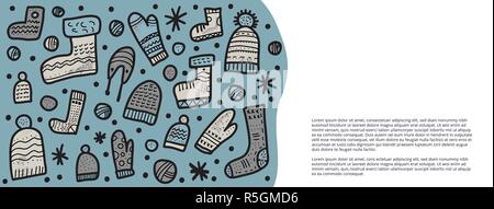 Vector template for social media banner with knitted clothes. Warm socks, beanies, gloves set background. Stock Vector