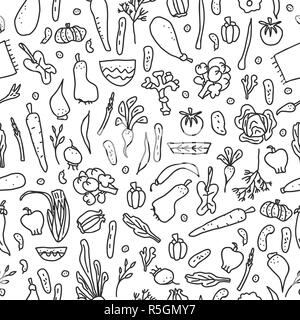 Seamless pattern of vector vegetables.  Endless background of veg in doodle style. Stock Vector