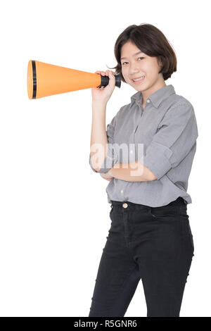 Young woman shouting for announce through a megaphone Stock Photo
