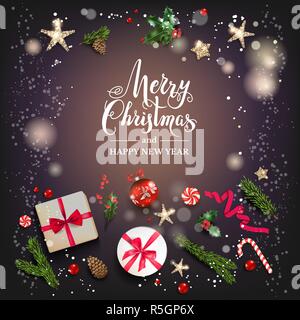 Holiday square template with Christmas decorations and balls, stars, gift boxes, fir tree branches on dark background. Christmas festive elements. Stock Vector