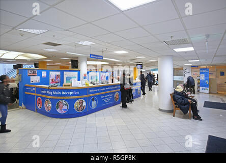 The main entrance to Croydon University Hospital in South London, UK. A typical regional hospital comprising Victorian buildings and modern extensions Stock Photo
