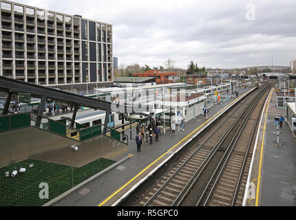 Platforms and rail tracks at East Croydon Railway Station, a key mainline station on the route from London to Gatwick and the south coast. Stock Photo