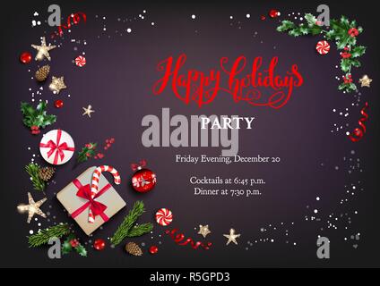Holiday card with Christmas decorations and balls, stars, gift boxes, fir tree branches on dark background. Christmas festive template. Stock Vector