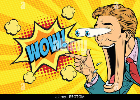 Hyper expressive reaction cartoon wow man face, big eyes and wid Stock Photo