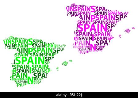 Sketch Spain letter text map, Kingdom of Spain - in the shape of the continent, Map Spain - green and purple vector illustration Stock Vector