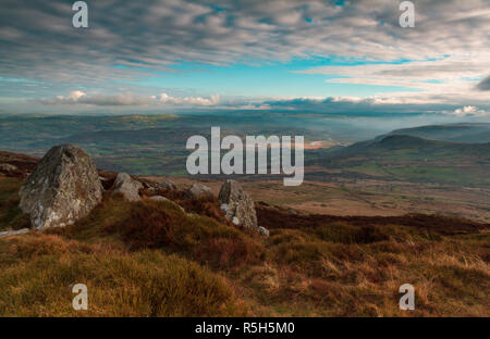 View of the Conway valley from the summit of Tal y Fan, the most northerly mountain in Snowdonia range Stock Photo