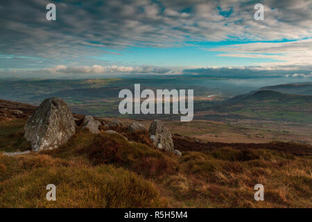 View of the Conway valley from the summit of Tal y Fan, the most northerly mountain in Snowdonia range Stock Photo