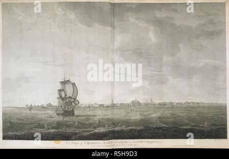 A panoramic view of Charleston, possibly from James Island, with four men trying to bring a boat to shore on the left, three men (one of them with a telescope) looking at a British ship on the sea in the middle, and a fisherman carrying a basket on the right in the foreground. A city in the background, with landmarks including St. Philip's Church and the State House. A View of CHARLES-TOWN, the Capital of SOUTH CAROLINA. [London] : Published as the Act directs 3.d June 1776. by S. Smith, Green Street, Leicester Fields, London, [June 3 1776]. Engraving and etching. Source: Maps K.Top.122.69. La Stock Photo