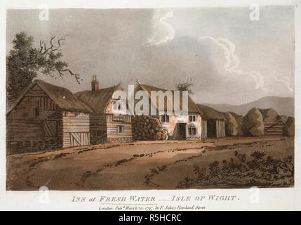 Barns and an inn on the side of a dirt road; a tree to the left; a hill in the distance to the right  . INN AT FRESH WATER, ISLE OF WIGHT. London : Pubd Mar 20 1797 by F. Jukes howland Street., [March 20 1797]. Aquatint and etching with hand-colouring. Source: Maps K.Top.15.28.b. Language: English. Stock Photo